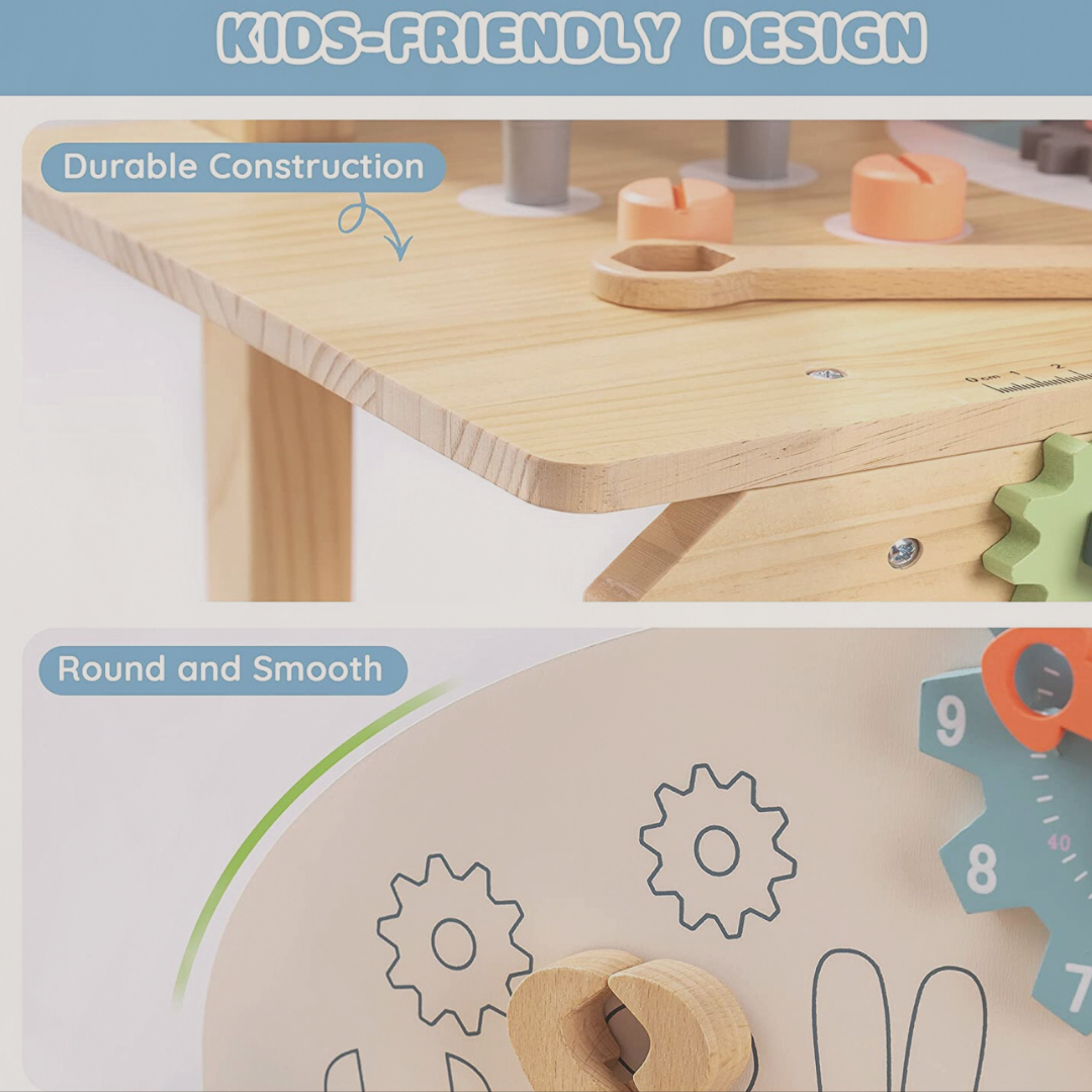 Wooden educational toys with gears on a table, labeled 'Kids-Friendly Design' and 'Durable Construction'.