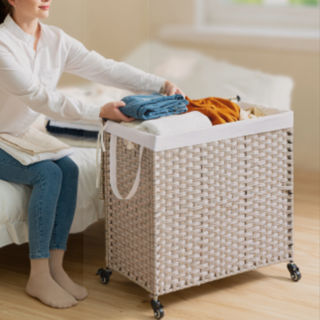 The Porté Hamper™ – Dual-Compartment Rattan Laundry Cart - The Sonne Haus