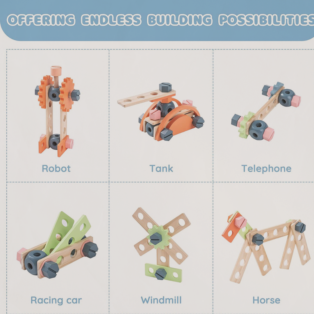 Set of building block models including robot, tank, telephone, racing car, windmill, and horse on a grid with 'Offering Endless Building Possibilities' text.