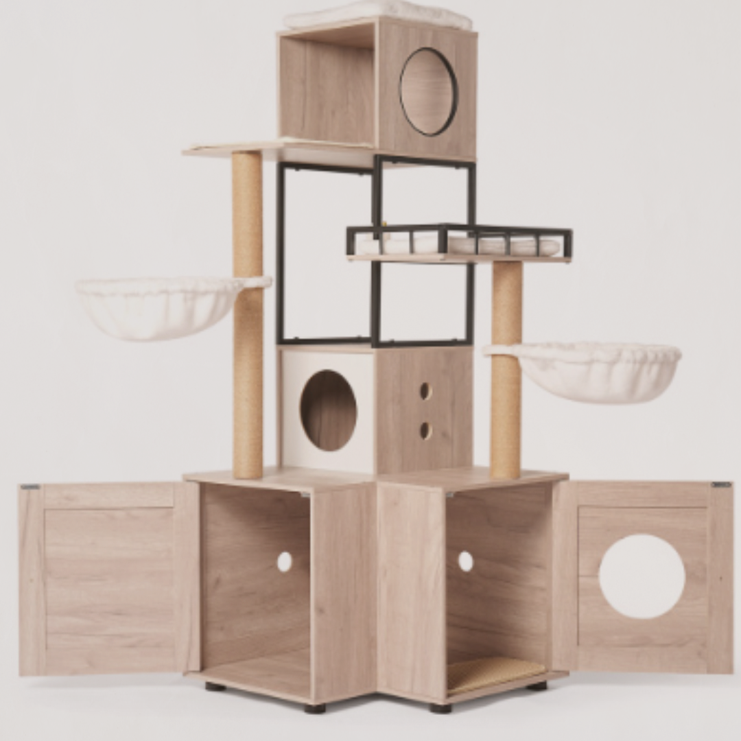 The Hide & Pounce™ – Cat Tower with Litter Cubby & Play Zones