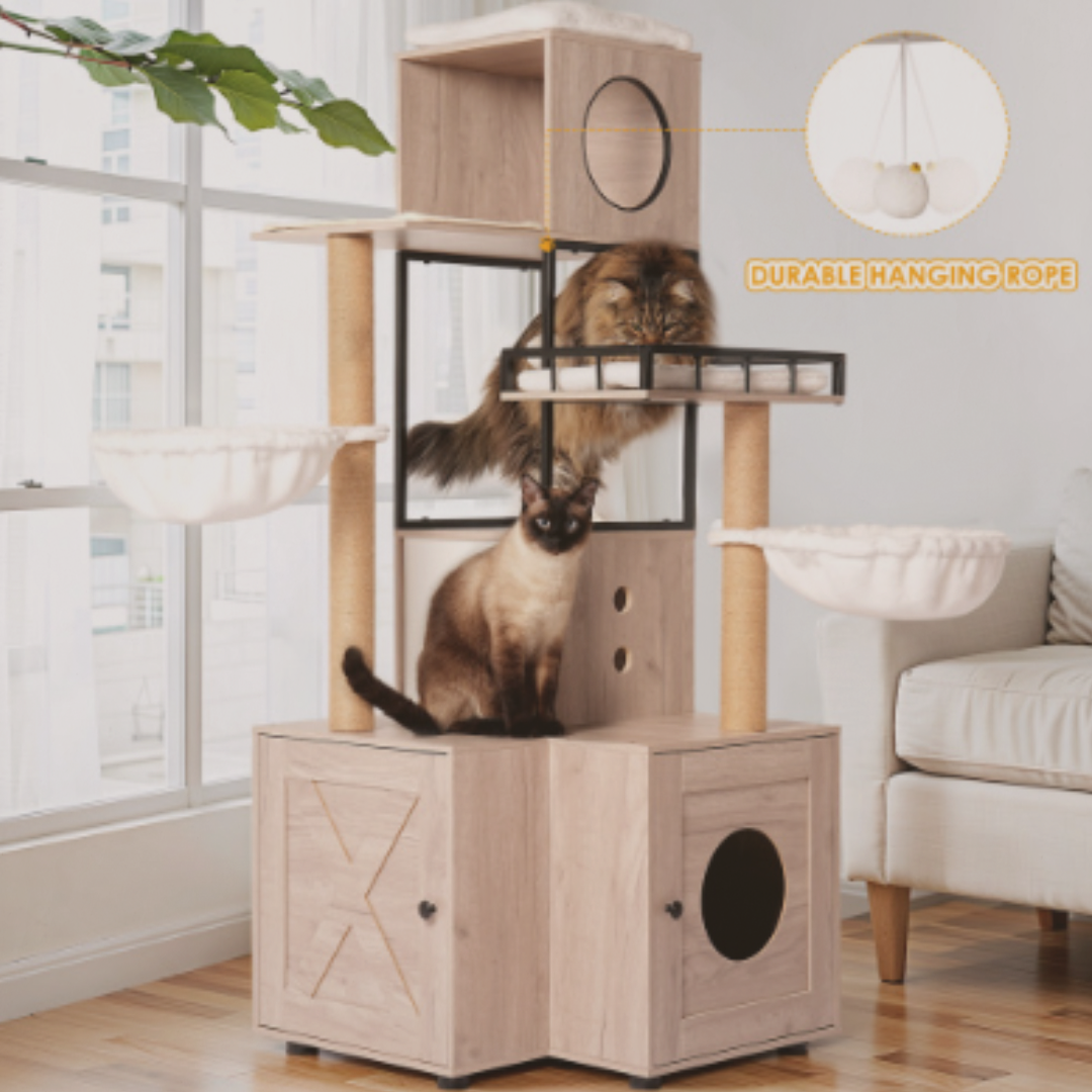 The Hide & Pounce™ – Cat Tower with Litter Cubby & Play Zones