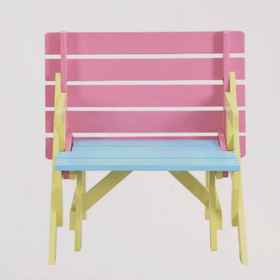 Colorful chair with pink backrest, blue seat, and yellow legs on a white background