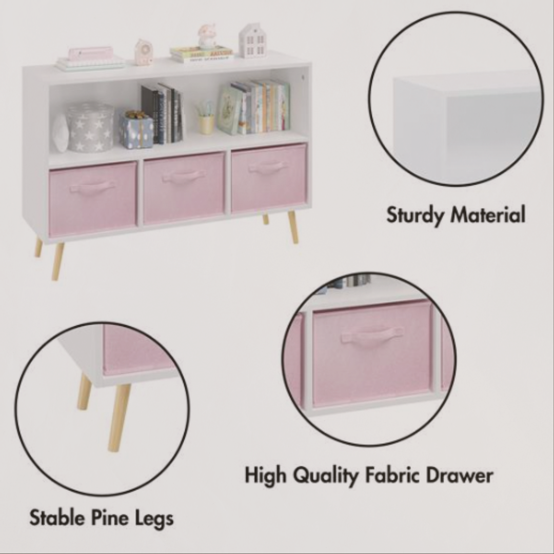 White and pink storage unit with drawers, showing stable pine legs and high-quality fabric drawer material.