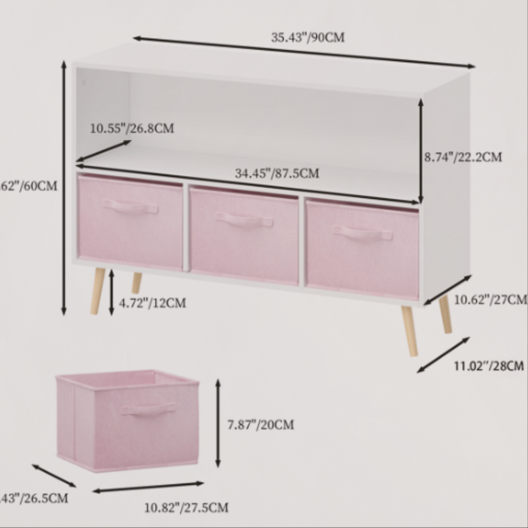 Measurement chart of a pink storage bench with dimensions labeled.