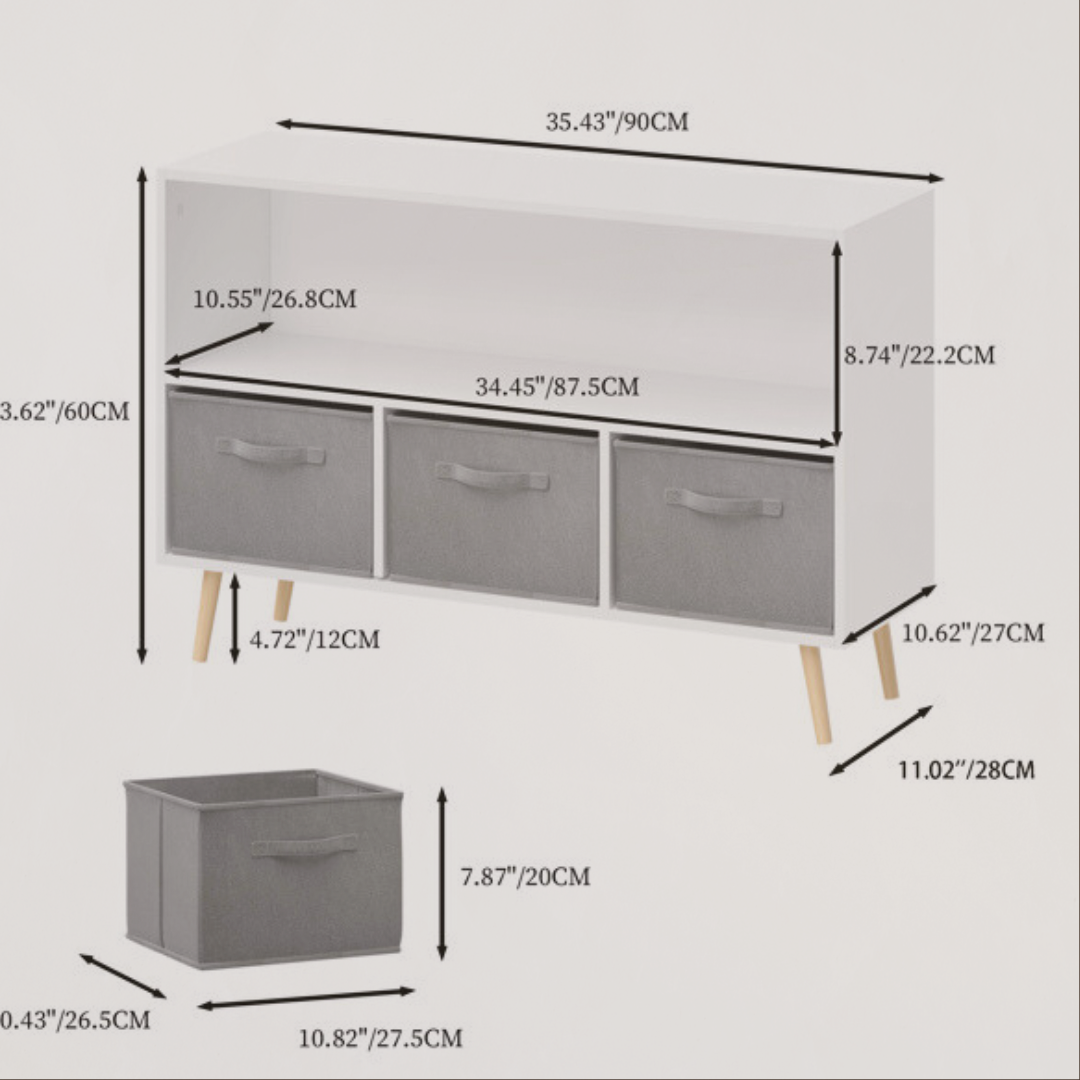 Dimensions of a storage cabinet with drawers and a box on a white background