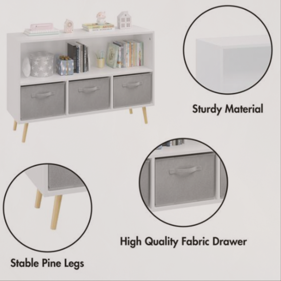 Furniture piece with gray fabric drawers and white frame, highlighting sturdiness and quality.