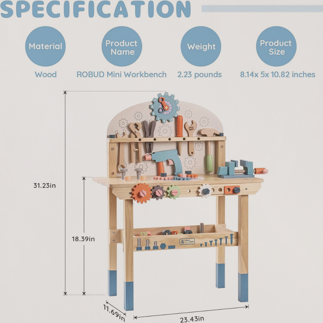 ROBUD Mini Workbench with dimensions and specifications on a white background