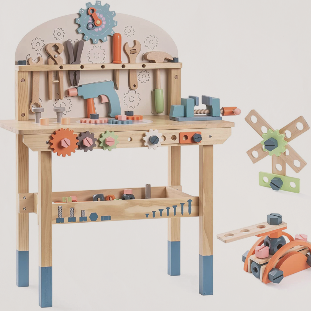 Wooden toy workbench with tools and accessories on a white background