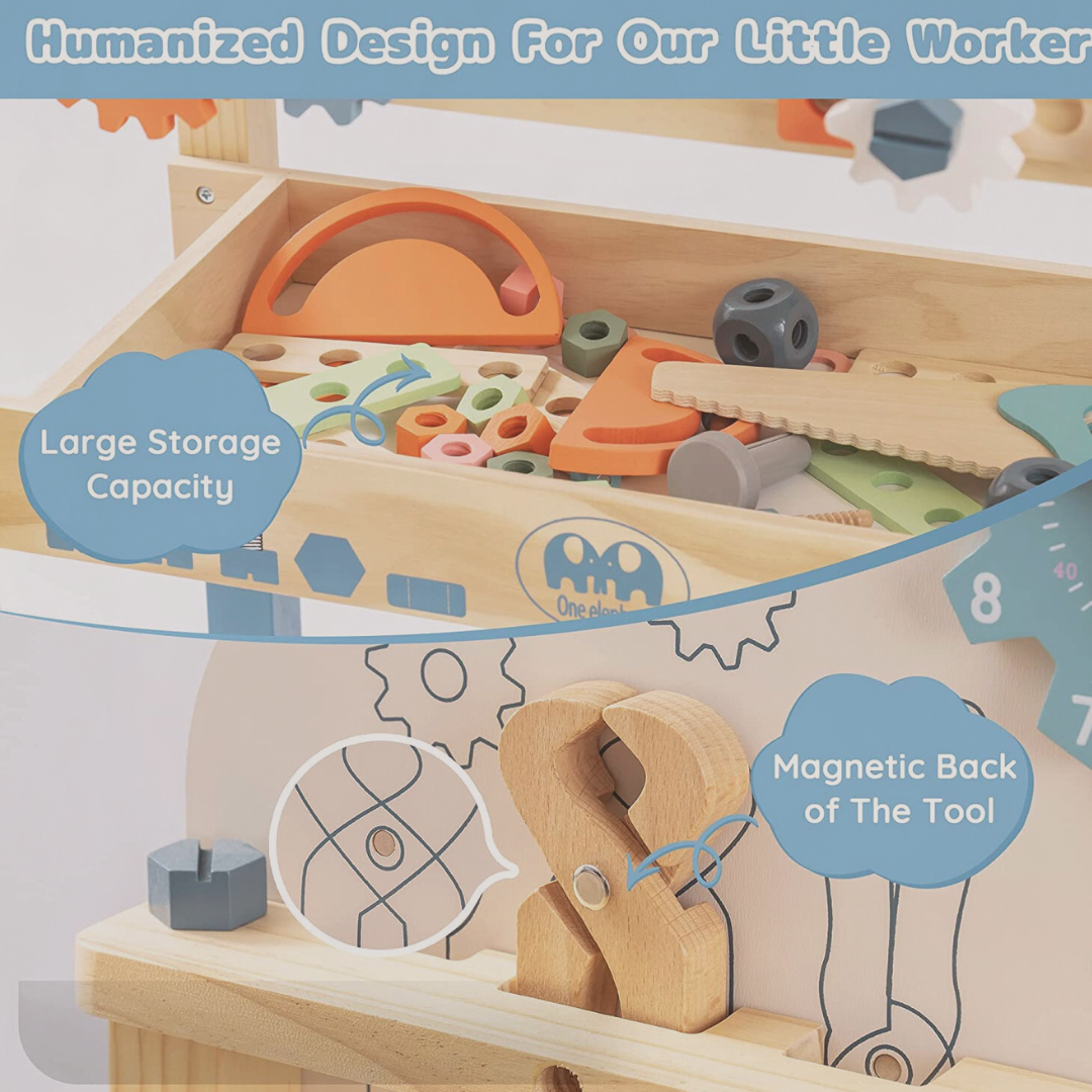 Wooden tool set with tools and storage space, labeled 'Humanized Design For Our Little Worker'.