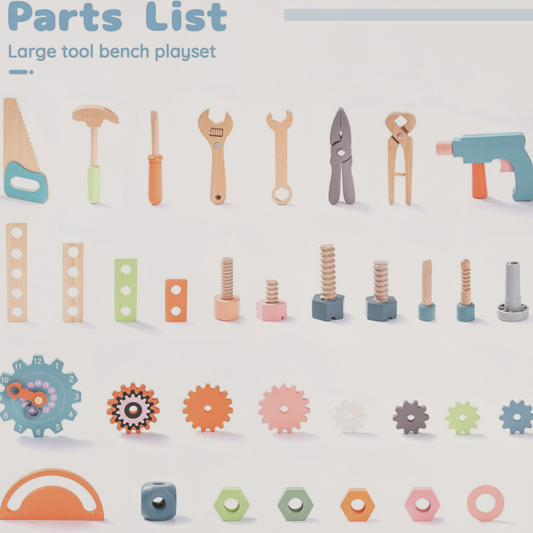 Toy tool bench parts set on a white background