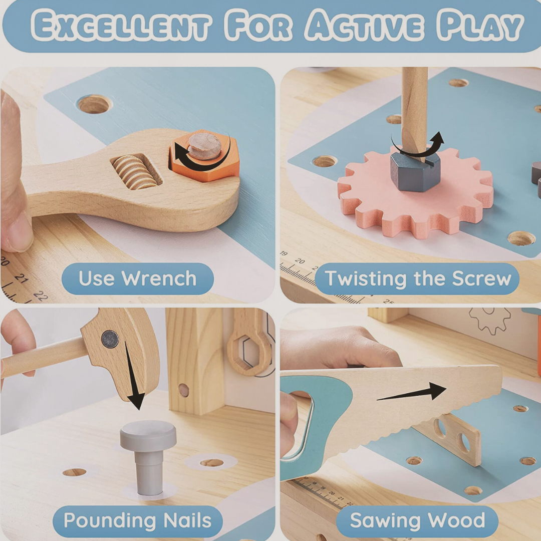 Wooden tool set with various activities including using a wrench, twisting a screw, pounding nails, and sawing wood.