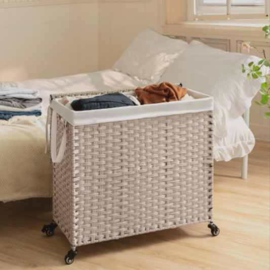 The Porté Hamper™ – Dual-Compartment Rattan Laundry Cart - The Sonne Haus