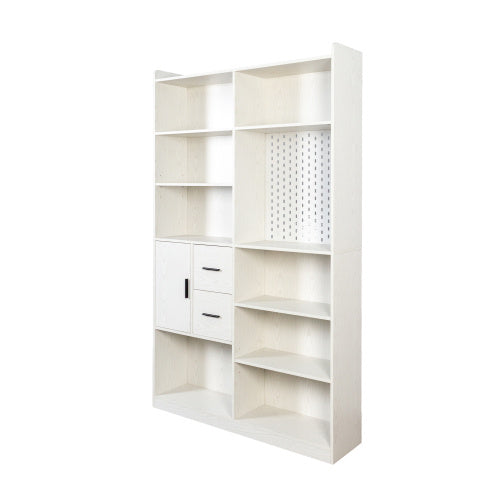 Bookshelf And Bookcase With Pegboard And Drawer, 9 Cubby Display Book Shelves, Modern Wide Wood Shelving Unit For Living Room, White