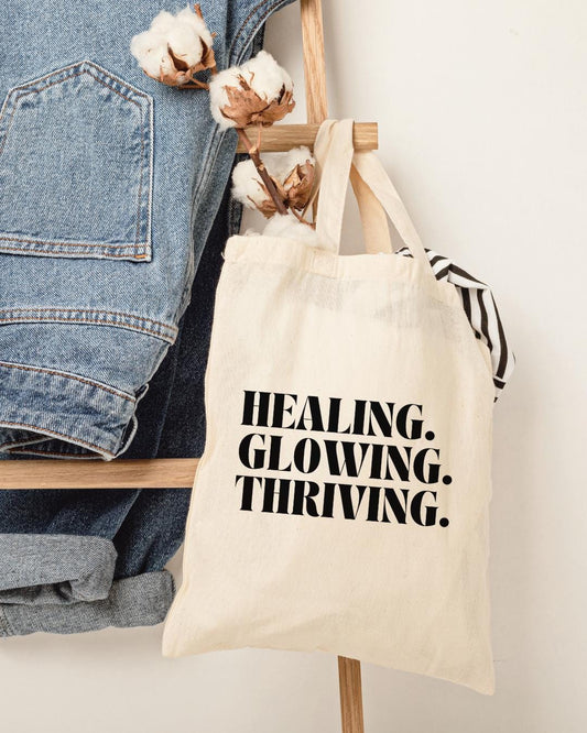 Motivational Cotton Canvas Tote Bag - Healing Glowing Thriving, Eco-Friendly Tote, Beach Bag, Grocery Bag, Gift Idea, Inspirational - The Sonne Haus