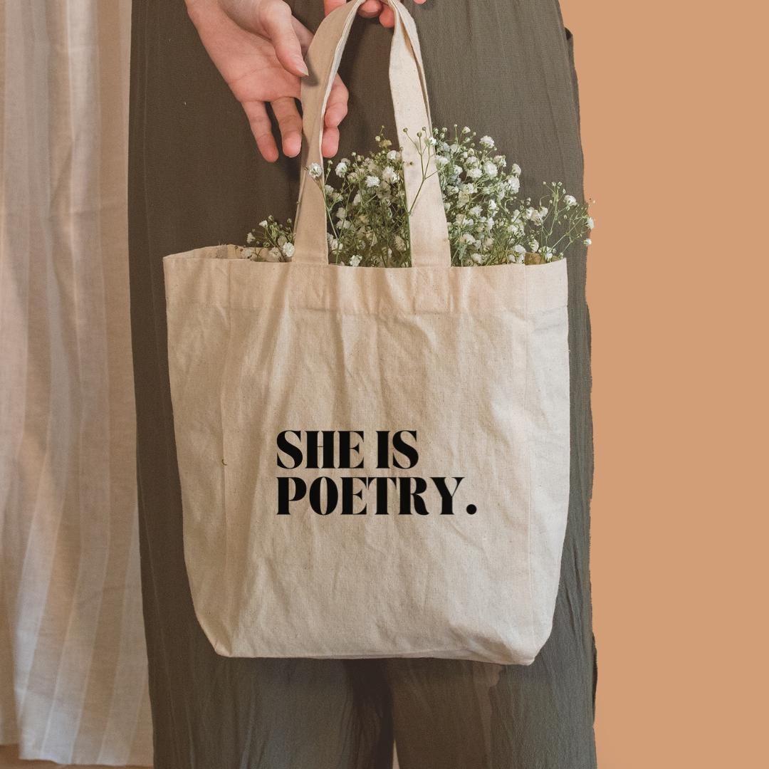 She Is Poetry Tote Bag - Canvas Bag for Book Lovers, Literary Gifts, Eco-Friendly Shopping, Inspirational Quotes, Stylish Carryall