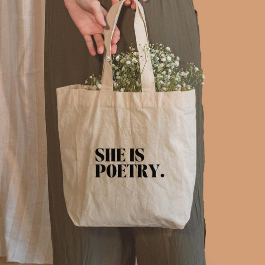 She Is Poetry Tote Bag - Canvas Bag for Book Lovers, Literary Gifts, Eco-Friendly Shopping, Inspirational Quotes, Stylish Carryall - The Sonne Haus